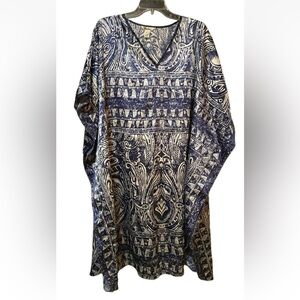 Vintage Winlar Silky L/XL Blue and White KAFTAN Muumuu Dress Swim Cover